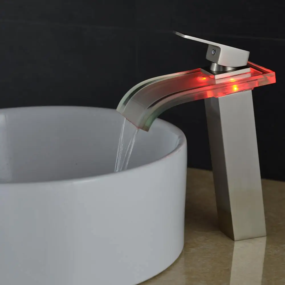 

Tall Faucet Brush Nickel Basin Bathroom Waterfall LED Faucets Glass Waterfall Brass Bathroom Mixer Tap Deck Mounted ELS406