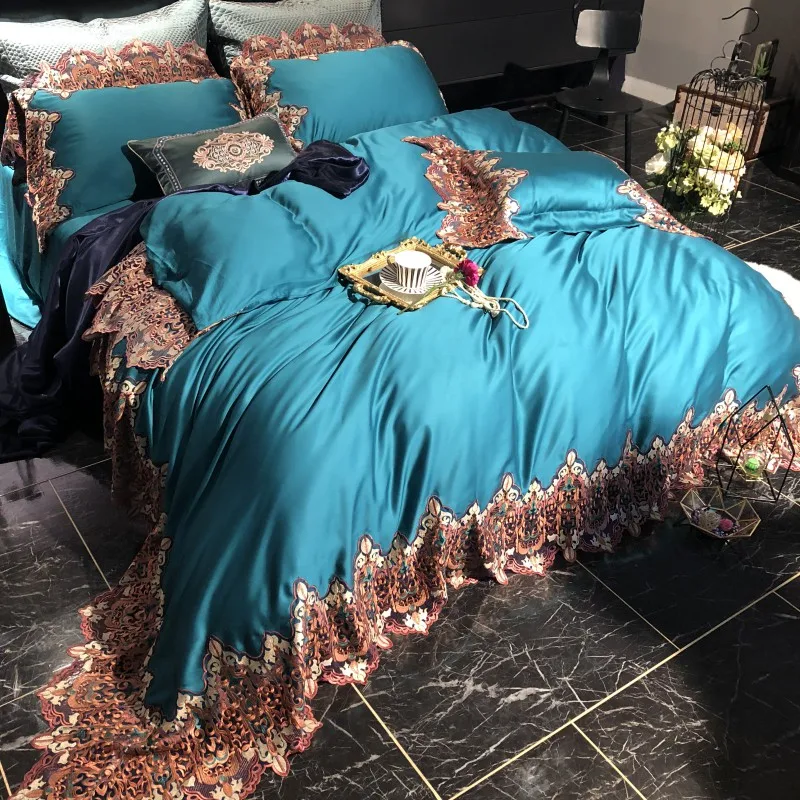 Роскошный набор постельного белья синего цвета из тенсела шелка мягкое кружево