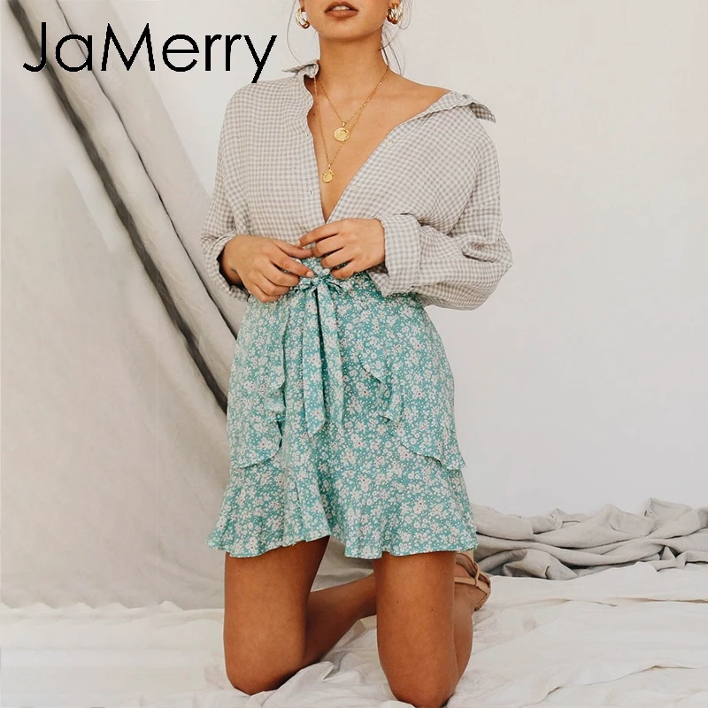 JaMerry Винтаж boho летние женские рубашки с цветочным принтом мини юбка сладкий
