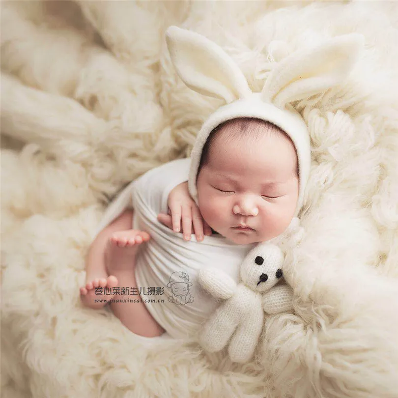 Teddy Bunny Toy Bonnet Set Photography Props Fuzzy Newborn Stuffed Animal Doll Wool Felted Photo | Детская одежда и обувь