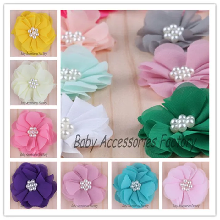 (120 шт./лот) Модные шифоновые цветы из ткани с шикарным жемчужным центром для детей