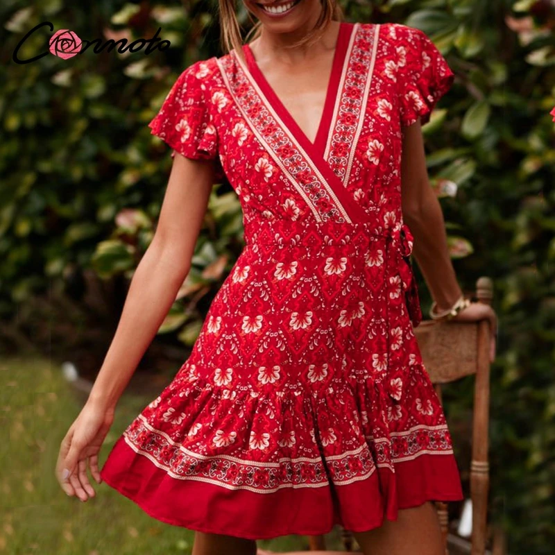 Conmoto Короткое винтажное платье с v образным вырезом повседневное летнее высокой