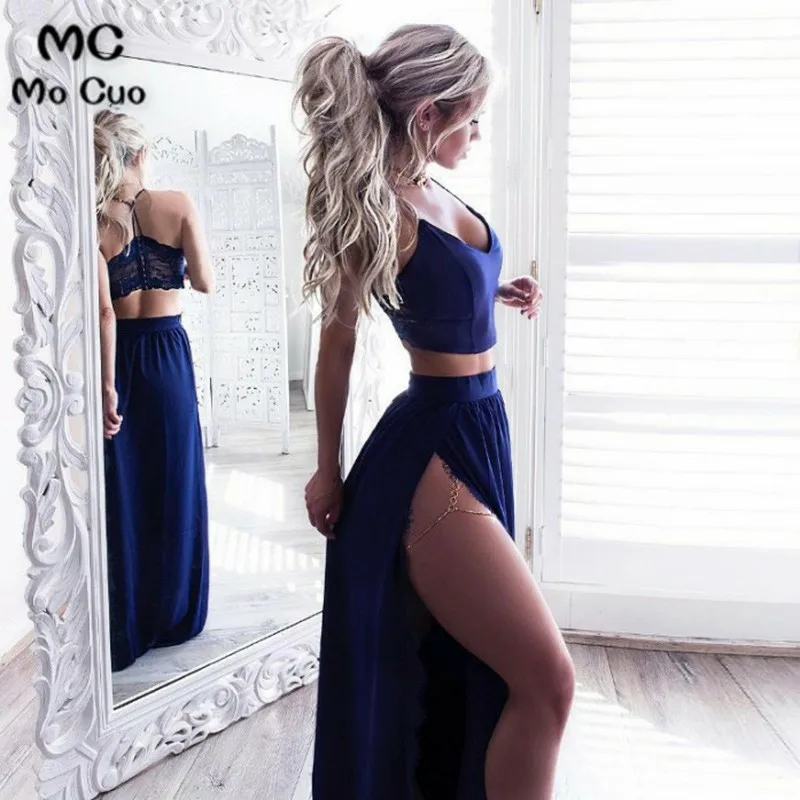 

Two Piece Royal Blue Prom Dress with Lace Spaghetti Straps Side Slit dress for graduation Satin Evening Party Dress for Women