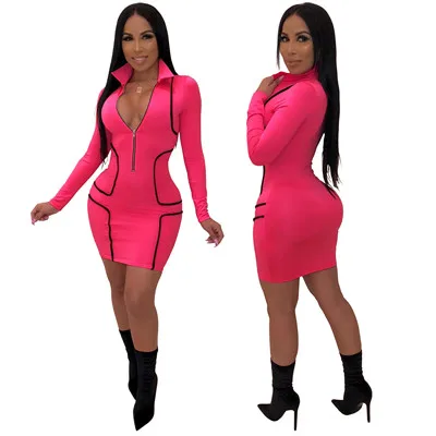 rosy dress Adogirl облегающее платье на молнии со стоячим воротником и v-образным вырезом, с длинным рукавом, женское модное Повседневное платье, облегающее мини Клубное вечернее платье, наряды - Цвет: rosy dress