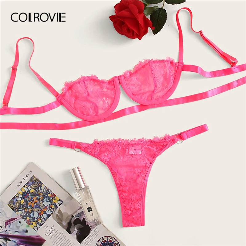 COLROVIE, неоновый розовый цветочный кружевной комплект нижнего белья на косточках, женское нижнее белье,, бюстгальтер для отдыха и стринги, Женский комплект нижнего белья