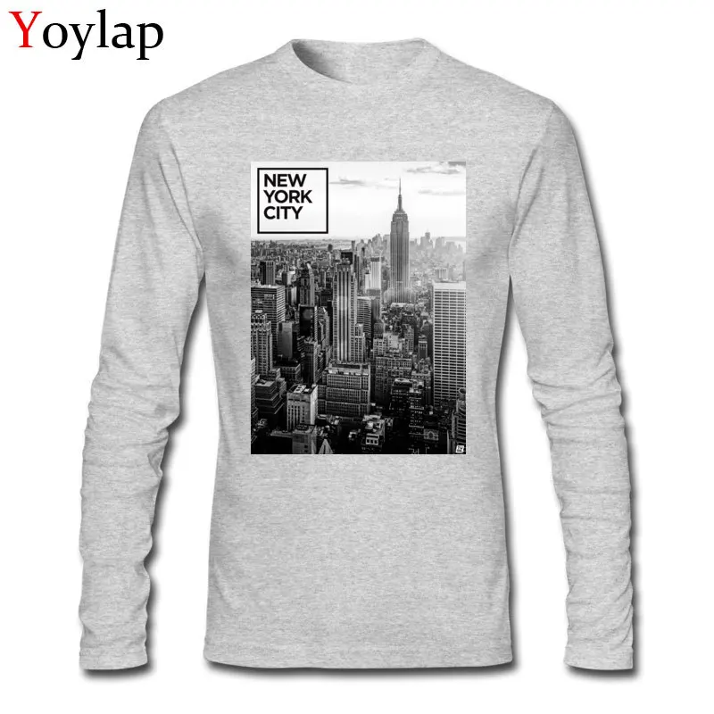 New York Cityscape Grayscale футболка с принтом для мужчин длинным рукавом и круглым вырезом