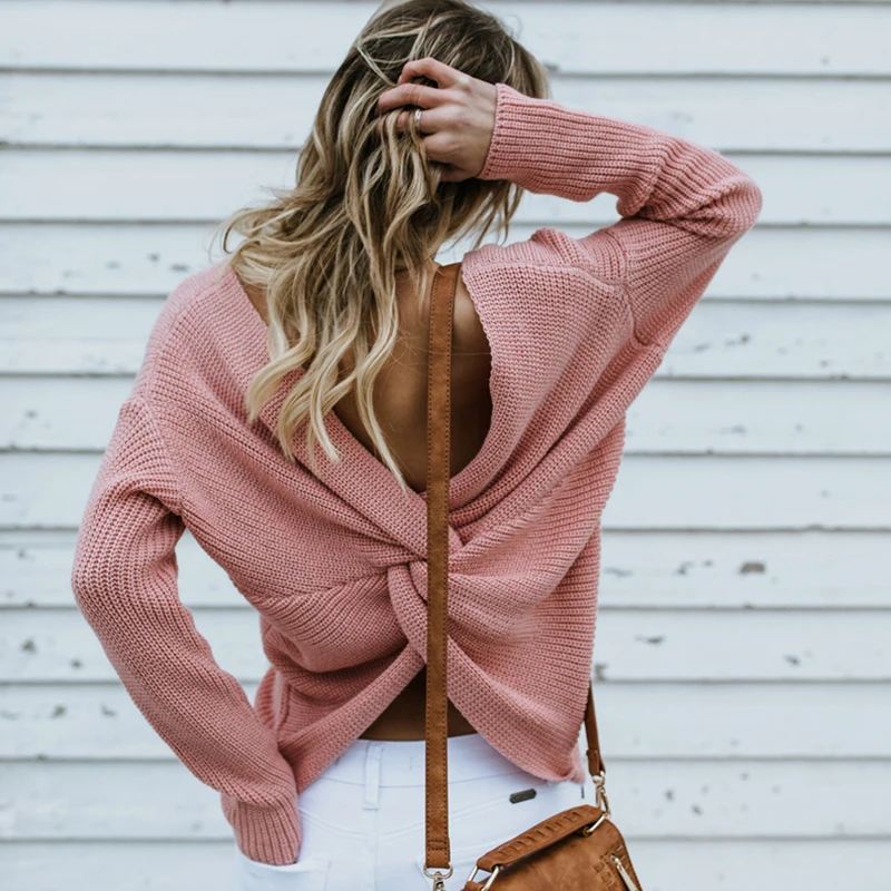 Women Sexy Backless Sweaters V-Neck Bandage Long-Sleeve Knitted Pullovers Female Casual Loose Oversize Korean Style Top | Женская одежда