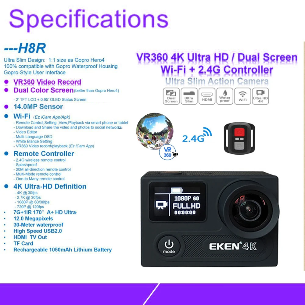 Оригинальная Экшн камера eken H8R H8 Ultra HD с 4K 30FPS Utral видео 30m Водонепроницаемая 2