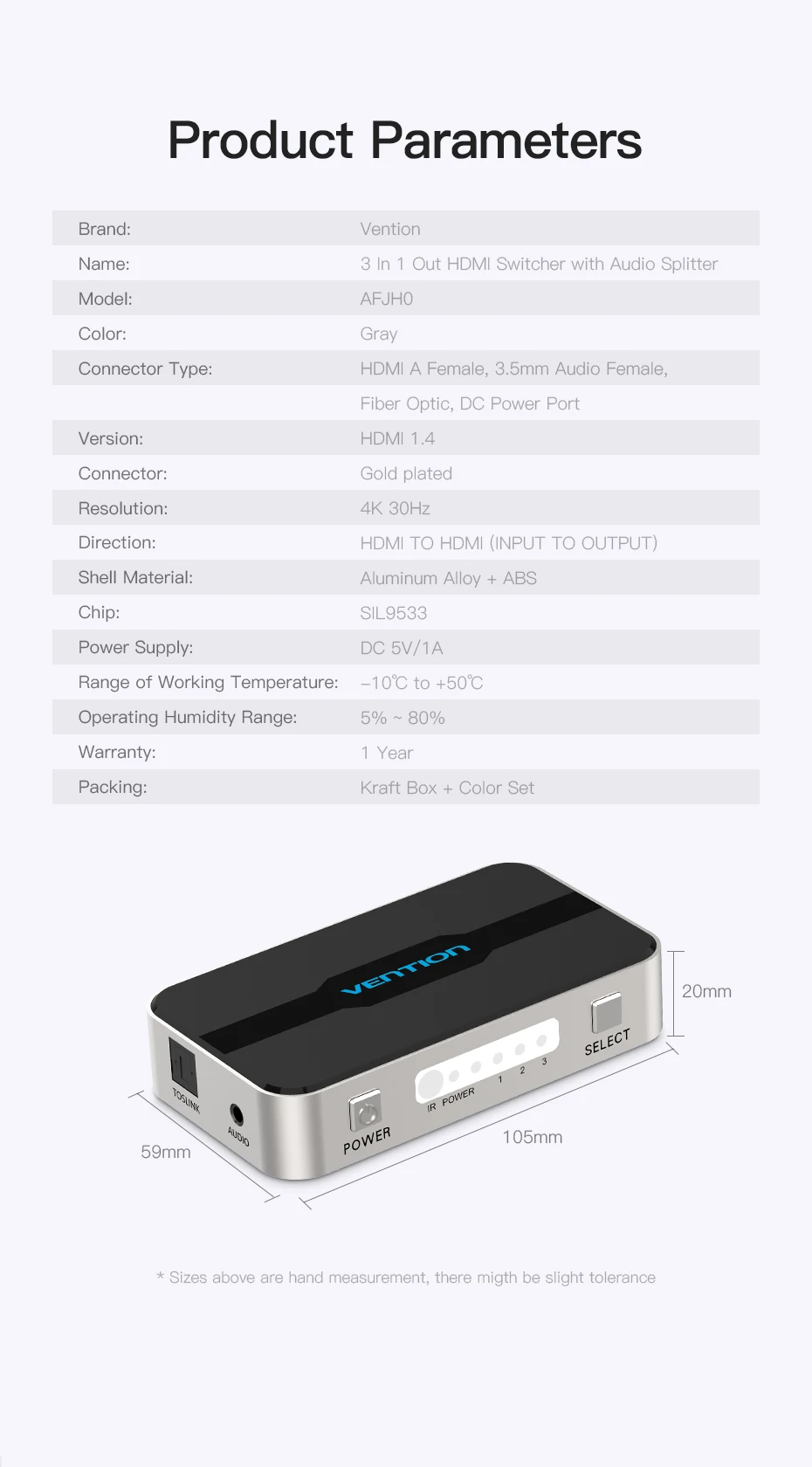 Vention Переключатель HDMI 5 вход 1 выход HDMI коммутатор 5X1 для xbox 360 PS4/3 Smart Android HDTV 4 K* 2 K 5 Порты и разъёмы HDMI адаптер