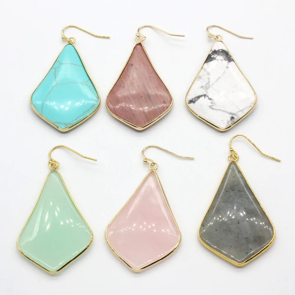 

100-Unique Light Yellow Gold Color Rose Pink Quartz Green Howlite Stone Rhombus Earrings For Female Labradorite Jewelry