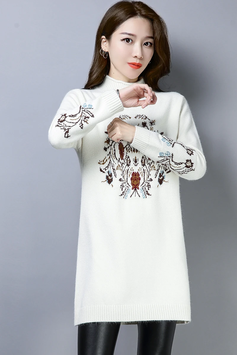 

Sweater 2020 women's new autumn winter long medium loose Korean version thickened cashmere semi high collar wool knitted Jersey
