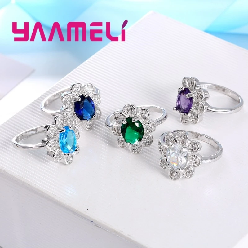 

New Cute Flower Finger Rings 925 Sterling Silver Jewelry Inlaye Cubic Zirconia Wedding Bands Ethnic Women Rings