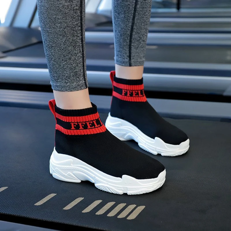 Повседневная дышащая обувь на платформе высокие вязаные носки для девочек