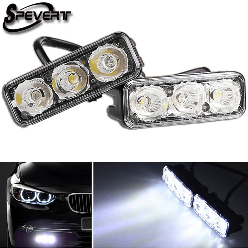 

SPEVERT 2x 3 LED White 6000K High Power Car Day-time Running Fog Light Driving Head Lamp 12V IP67 PC+ABS + Aluminum housing