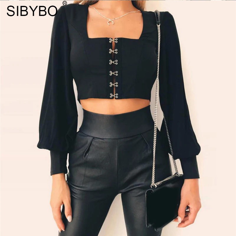 Sibybo, открытая спина, рукав-фонарик, короткая футболка для женщин, квадратный воротник, длинный рукав, летний укороченный Топ для женщин, галстук-бабочка, сексуальная женская футболка