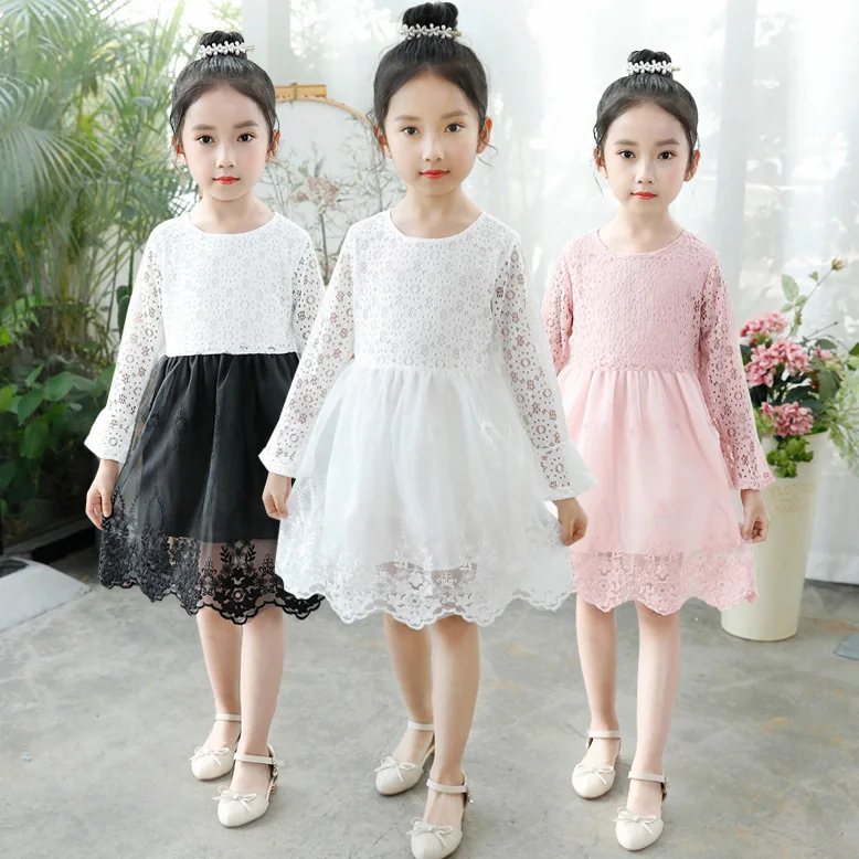 Платье для девочек осеннее детское модное кружевное платье с длинными рукавами