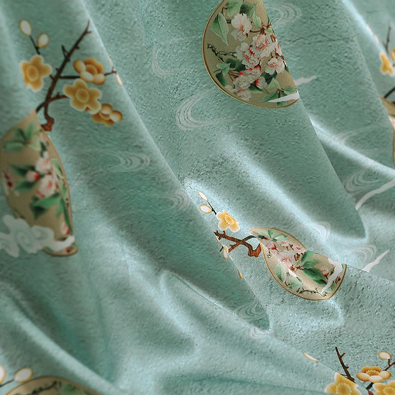 

135CM Wide 19MM Plum blossom Print 94% Silk & 6% Spandex Strech Blue Green Silk Satin Fabric for Summer Dress Cheongsam J046