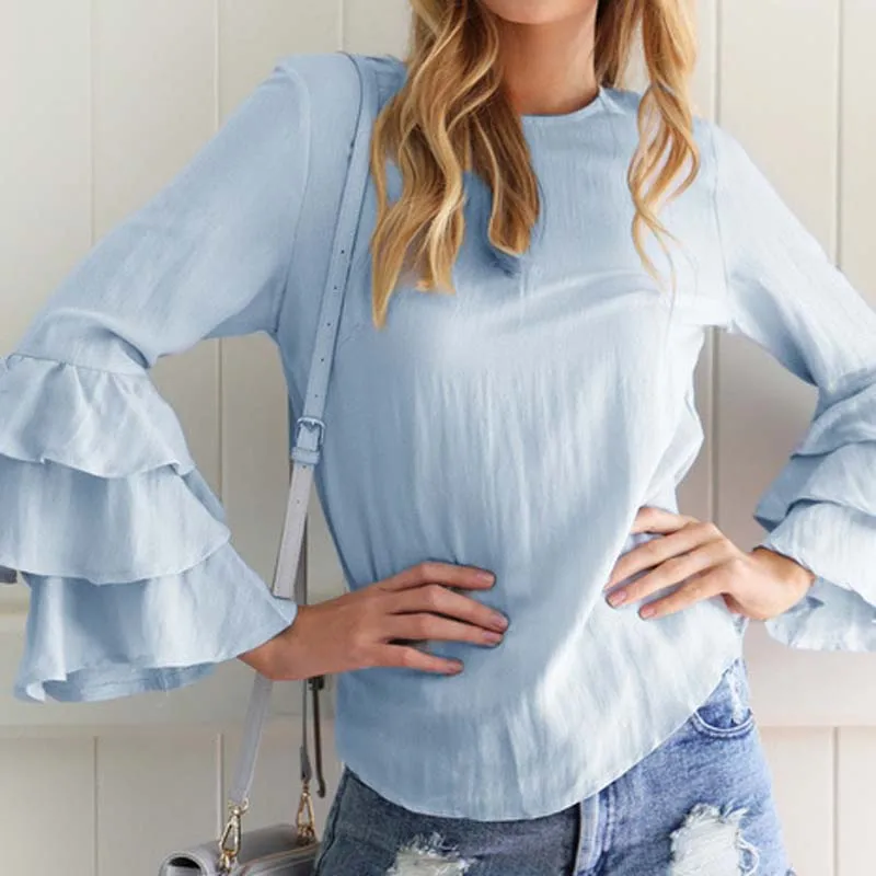 Женская блузка с оборками и круглым вырезом повседневный однотонный Свободный