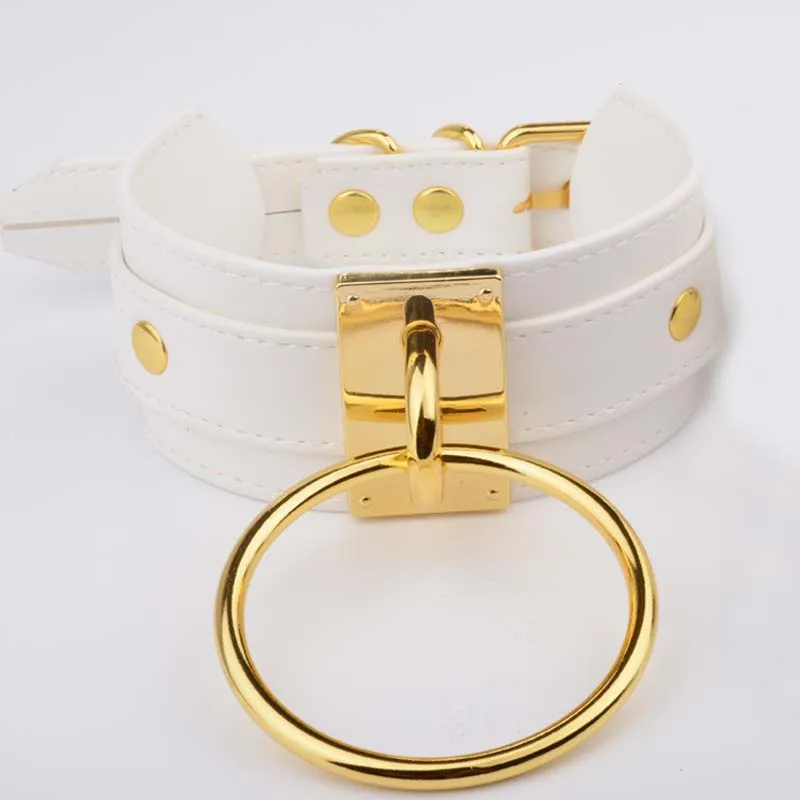

Handmade White Leather Collar for Women Men Girls Oversized Layered Choker Gold Metal Punk Necklace