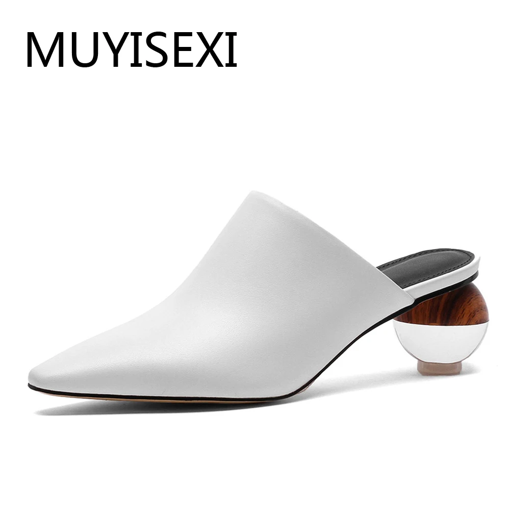 Женские брендовые мюли из натуральной кожи с острым носком 5 см Повседневные