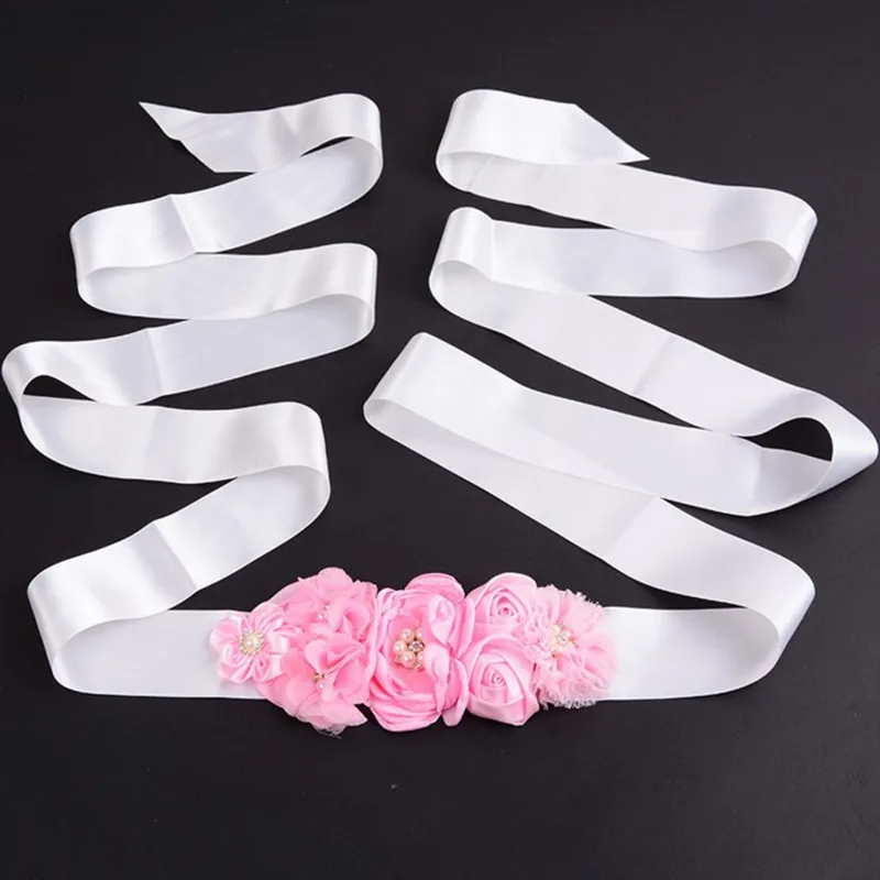 Для женщин ручной работы жемчуг розовыми цветами свадебное платье атласный пояс