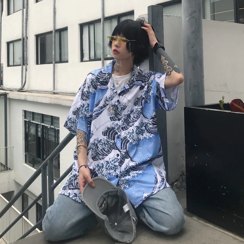 Женская Свободная блузка Harajuku с короткими рукавами и волнистым принтом летняя