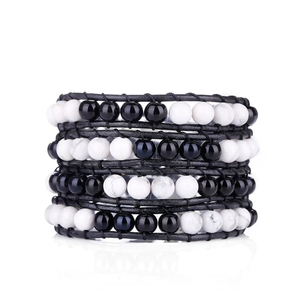 Многослойный браслет Fyla Mode 6 мм ассорти белый и черный оникс говлит с узлом