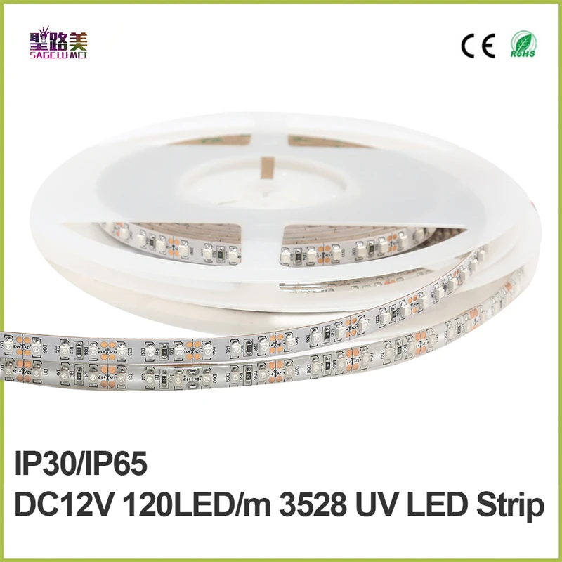 

DC12V 5M 3528 UV White PCB Non-Warterproof/WP IP65 120pcs/m Ultraviolet led strip,395nm 3528 SMD Purple 600 LED Flex Strip Light