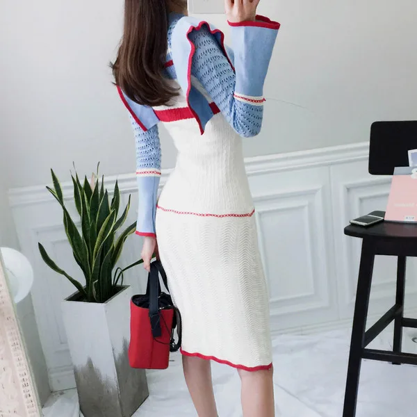 Debowa Spring Women Knitted Sweater Dress Ruffles Package Hip Bottom Contrast Color Elegant Flare Sleeve Office Lady | Женская одежда