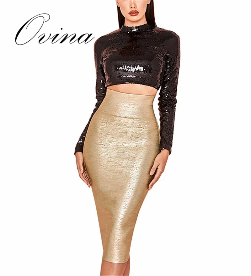 

High Quality Gold Stamping Women Skirts Pencil Over Knee Bodycon Rayon Bandage Skirts High Quality