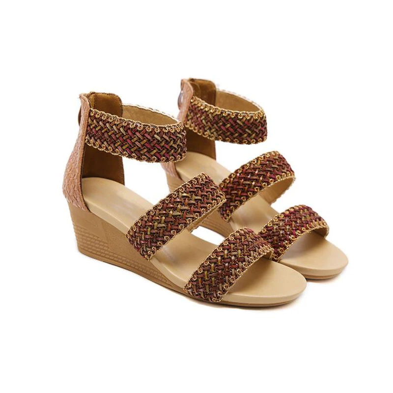

BEYARNESummer Bohemia Sandals Women Wedge sandals Shoes Woman Ankle Strap Beach Open Toe Ladies Rome Pu Weave Ethnic SandalsE578