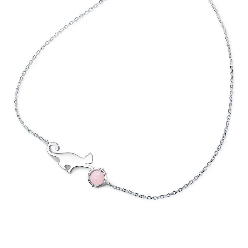 SILVERCUTE Cat Цепочки и ожерелья Для женщин с натуральный розовый кристалл 925 пробы
