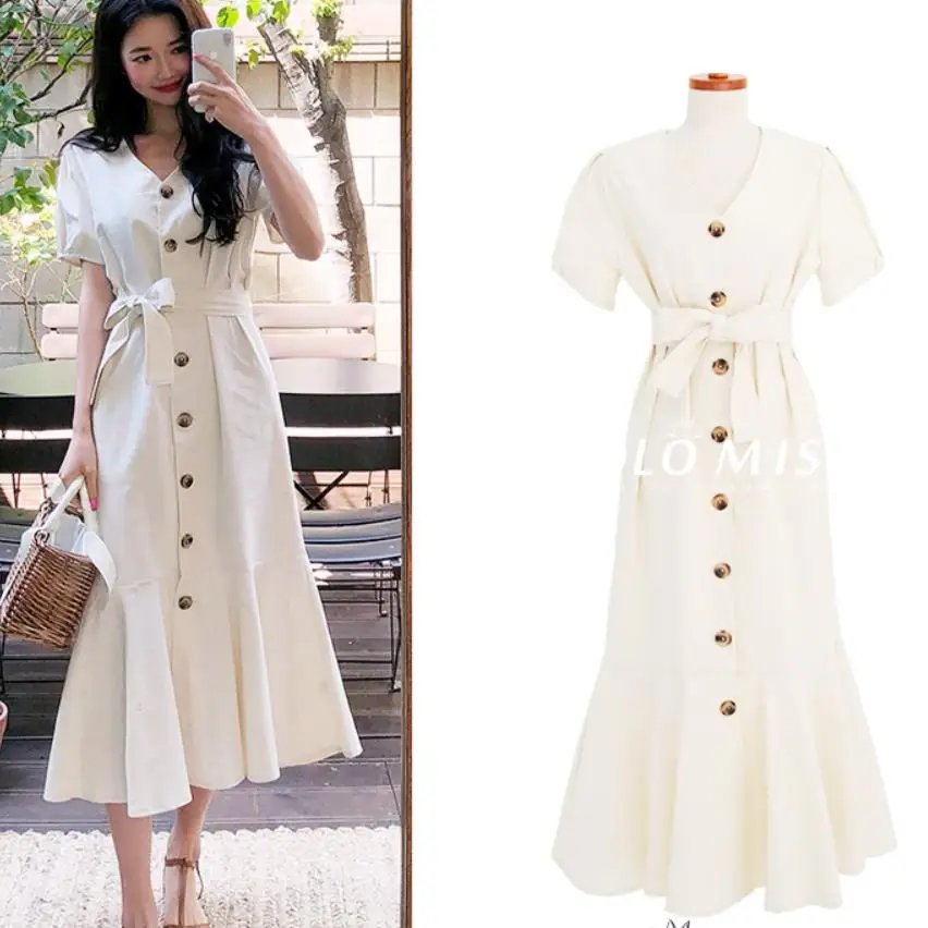 Женское однотонное платье с юбкой годе коротким рукавом и V образным