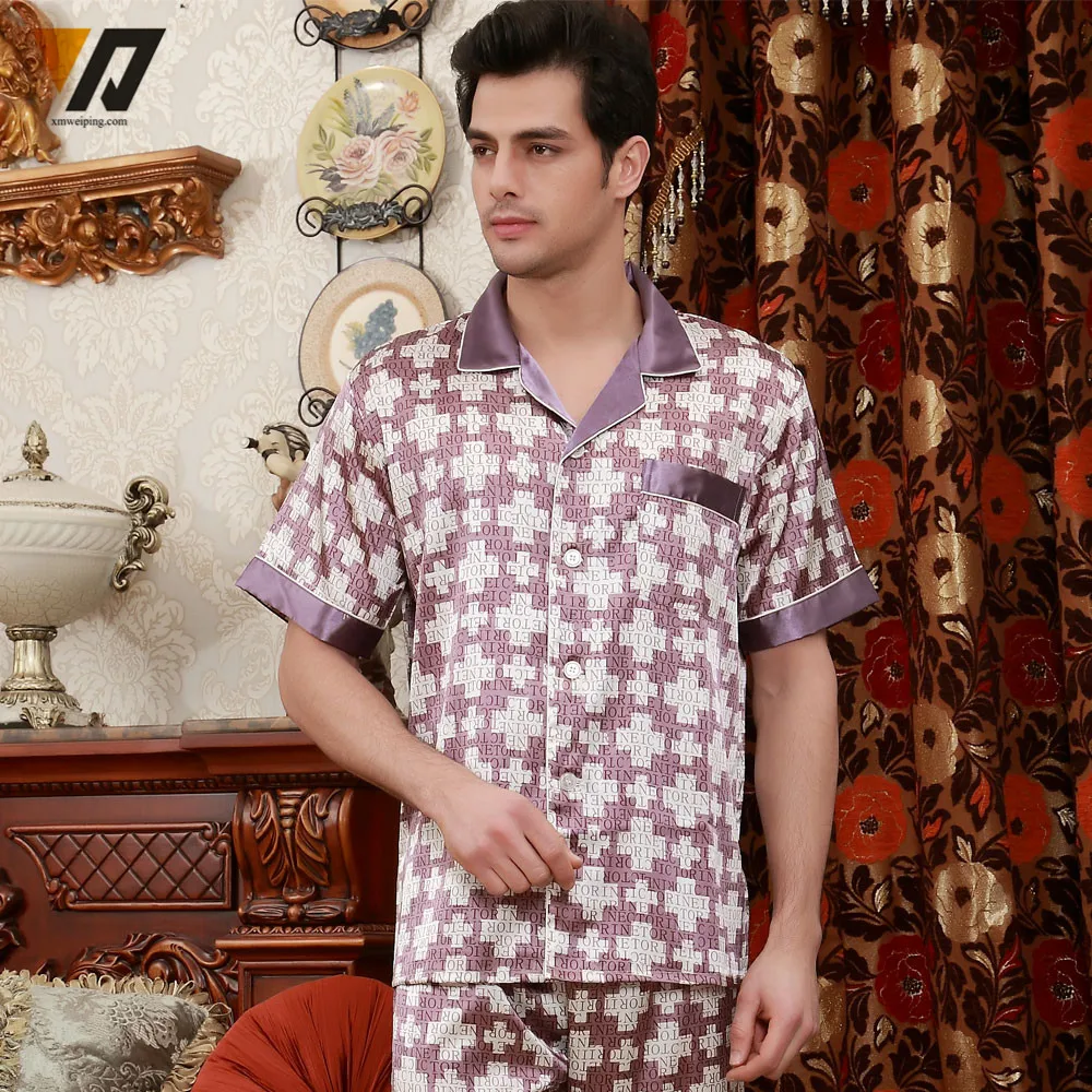 Шелковые комплекты пижамы атласа ночная мужчины лето Loungewear пижама комплект с