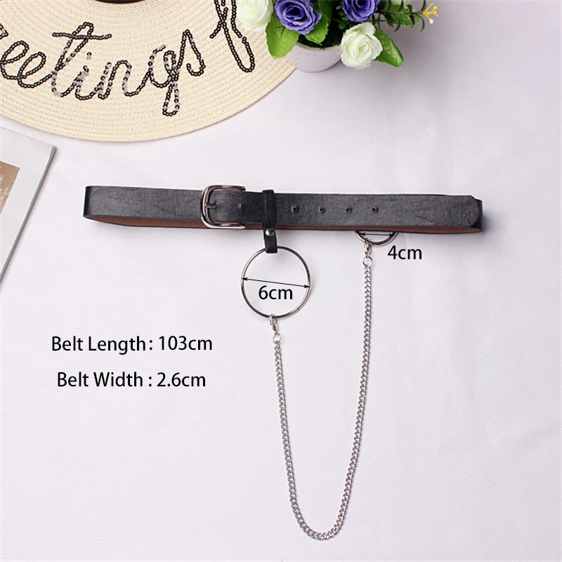 

HATCYGGO Fashion Women Waist Belt Chian Big Ring Buckle Punk Hip-hop Pant Chain Female Jeans Belt Pin Buckle Leather Belt Strap