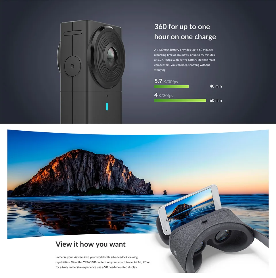 Панорамная камера Yi 360 VR | 360-градусная съемка | Два объектива с линзами типа «рыбий глаз» | Функция голосового управления