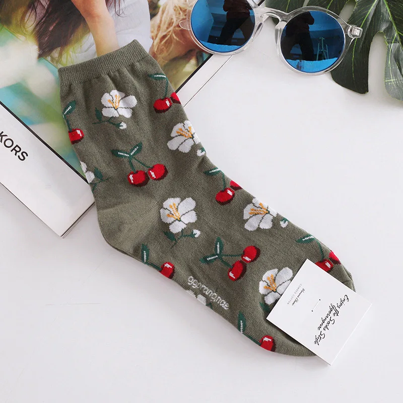 cherry socks Авокадо корейские свежие носки с фруктами лимон ананас черешня черника банан счастливые милые носки женские хлопковые короткие Смешные Носки - Цвет: cherry socks