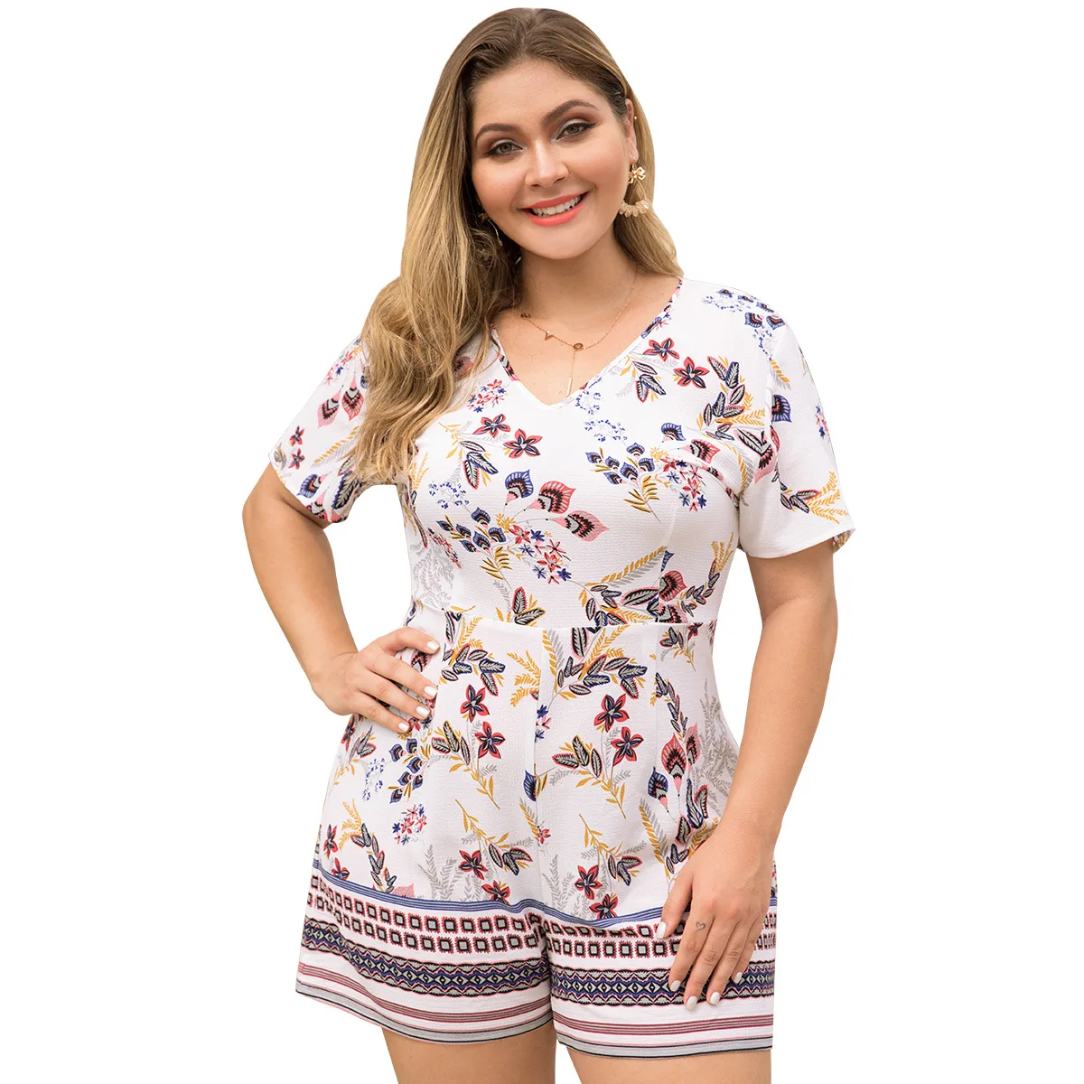 Plus size casaul women playsuit summer short sleeve V neck holiday overalls print high waist loose rompers streetwear 2019 | Женская