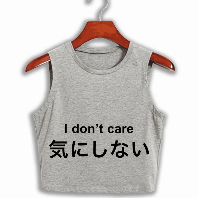 Японское письмо с принтом I DONT CARE Swag Crop Tops для женщин лозунг Печать Фитнес