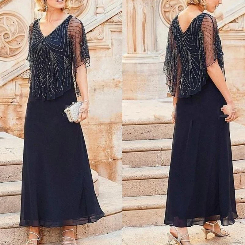 

Шифоновое элегантное темно-синее платье с блестками и v-образным вырезом для матери невесты, платье трапециевидного силуэта, 2019