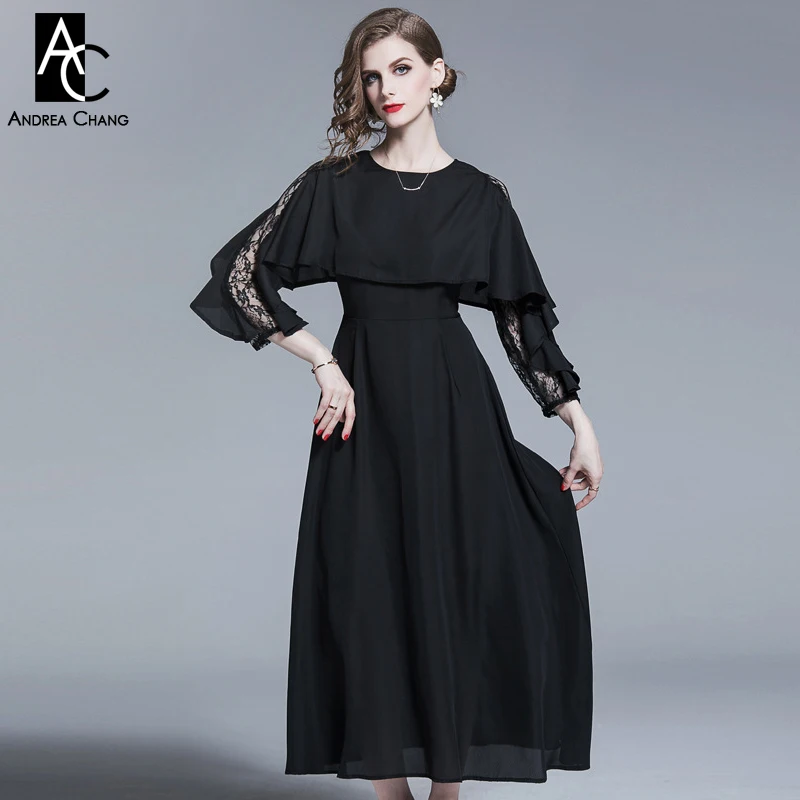 Женское платье макси с кружевной отделкой и рукавом накидкой|Женские платья| |