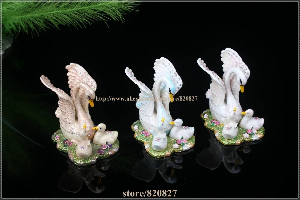 Creative Heavy Duty Pewter Crystal Enamel Swan Keepsake / Trinket Box Jewelry Box Swan Family Pewter Metal Figurine Trinket Box
