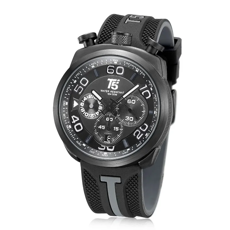Grey Black Роскошные мужские часы с резиновым ремешком T5 золотого и черного цвета, кварцевые часы с хронографом, подарок, водонепроницаемые спортивные мужские часы, мужские наручные часы - Цвет: Grey Black