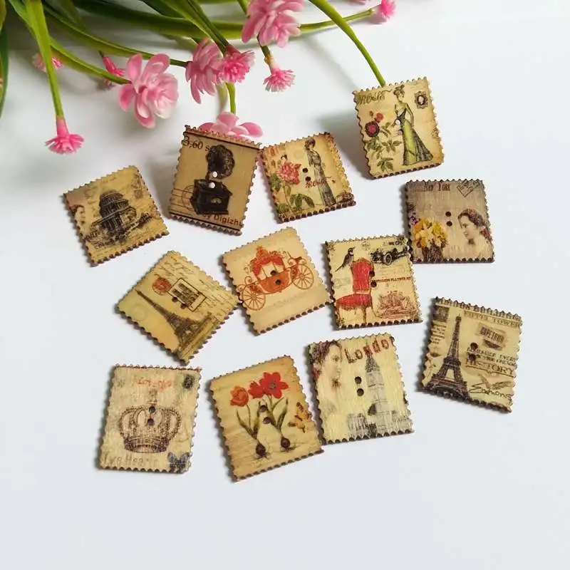 

120 Pcs Wood Sewing Buttons Scrapbooking 2 Holes Rectangular stamp painted cartoon Shape Scrapbook Craft Clothes Decorations