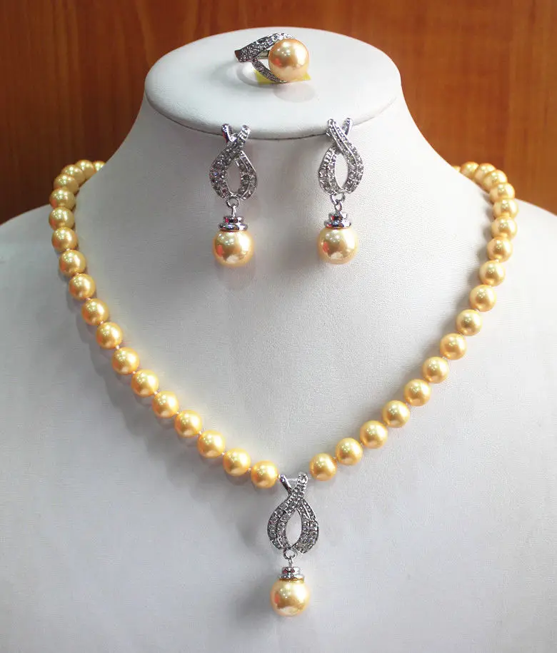 

Charming Women'S Pure Yellow Pearl Necklace Earring Ring(7/8/9)Jewelry Set