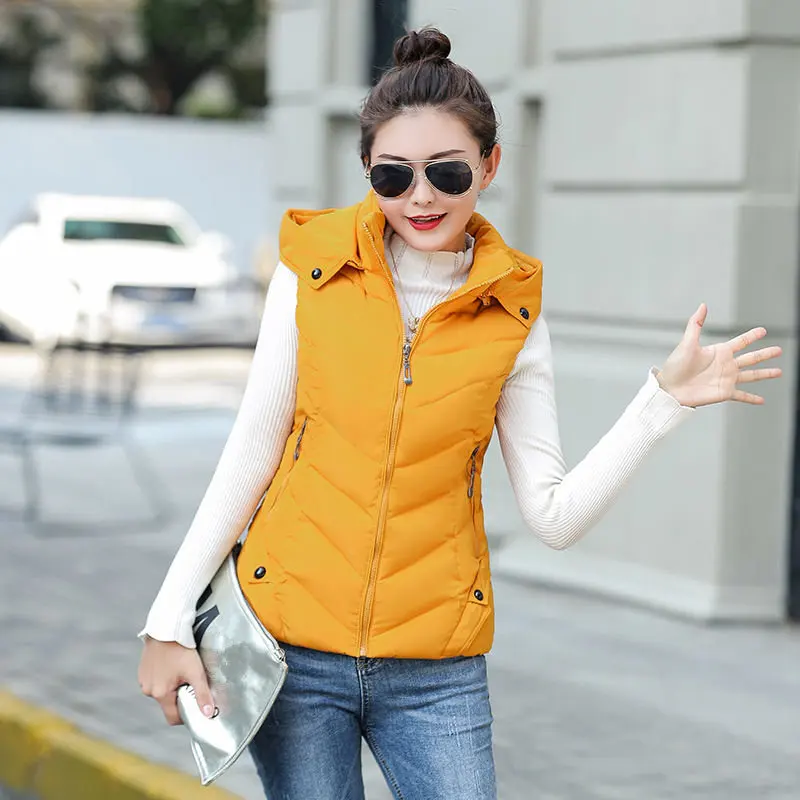 Ginger yellow Жилет размера плюс 4XL, женский тонкий жилет без рукавов, осенне-зимняя куртка, теплый повседневный жилет с капюшоном, короткий жилет, Женское пальто Q807 - Цвет: Ginger yellow
