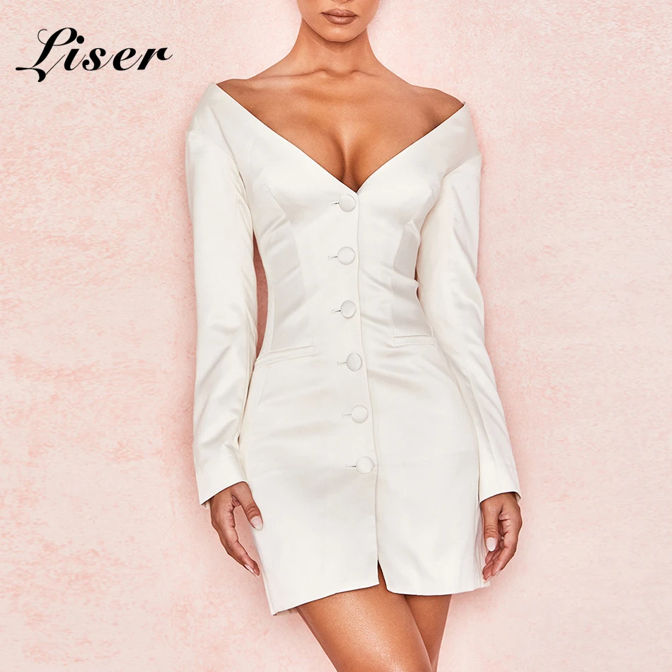 Женское облегающее платье Liser Белое Облегающее Платье на пуговицах с v образным