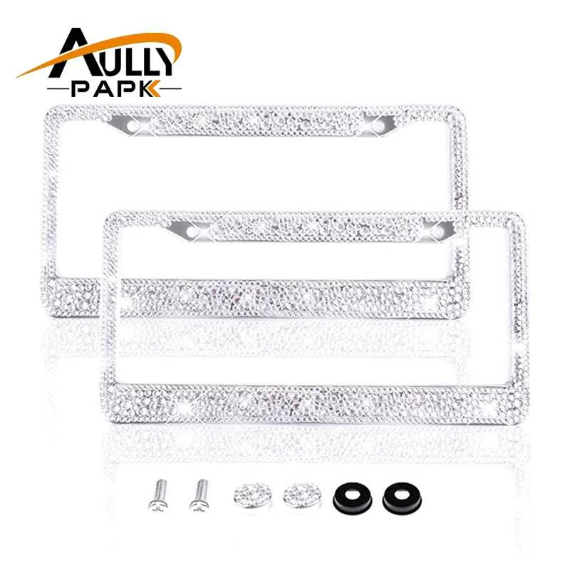 AULLY PARK Handmade Bling Rhinestone Stainless Steel License Plate Frame with 2 Holes with Screws & Caps (2 Pack, Hot White)