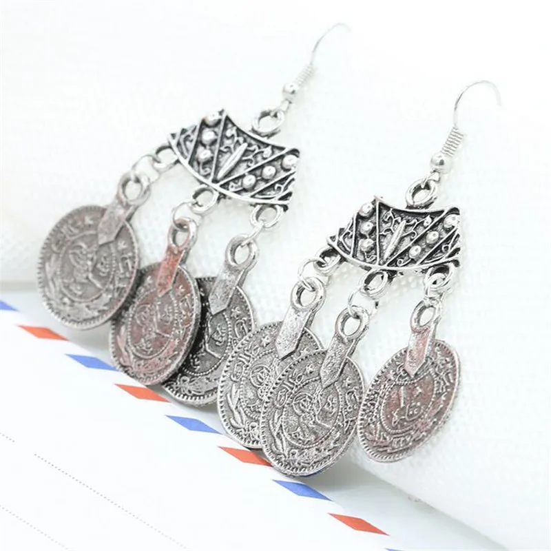 Ретро Серебряные серьги со свисающими монетами цветочный дизайн Gypsy пляжная
