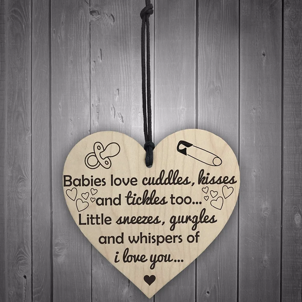 Meijiafei Babies Love Cuddles Kisses Tickles Wooden Hanging Heart Baby Shower Birth Plaque | Дом и сад